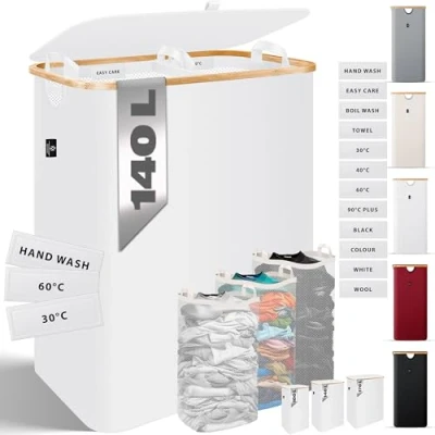 Afbeelding van Kesser® Wasmand met deksel, 2 vakken, opvouwbaar, 140 liter, wasmand, wasbox 3 x uitneembare waszakken, wassorteerder inclusief wasvoorschriften, wit