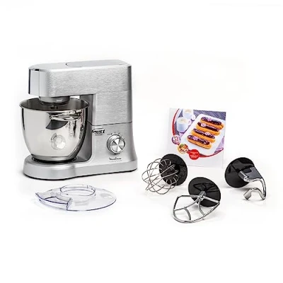 Afbeelding van Moulinex QA810D Masterchef Grote planetenketer, 1500 W, 6,7 liter, 80 decibel, keukenmachine van roestvrij staal met 8 snelheden, kneedmachine voor pizza, brood en snoep, grijs