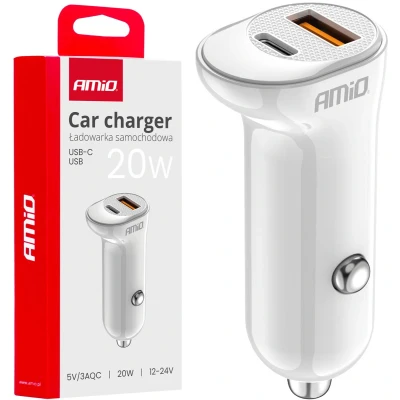 Afbeelding van AMiO Autolader Telefoon USB A + C 20W 12/24V Wit