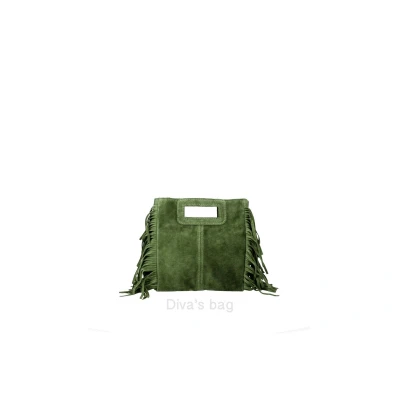 Afbeelding van 100% suède boho dames tas met handvatten in DONKER GROEN kleur, schouder band en franjes