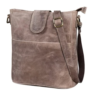 Afbeelding van LEABAGS Leren handtas voor dames, premium echt leer, schoudertas, damestas, draagtas werk, universiteit, school, vrije tijd, Vintage grijsbruin, Large, Boheems, gedeconstrueerd, minimalistisch