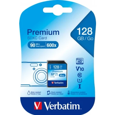 Afbeelding van Verbatim SDXC kaart 128 GB, Premium, klasse 10, U1, UHS I 90 MB/s, (W) 10 blisterverpakking