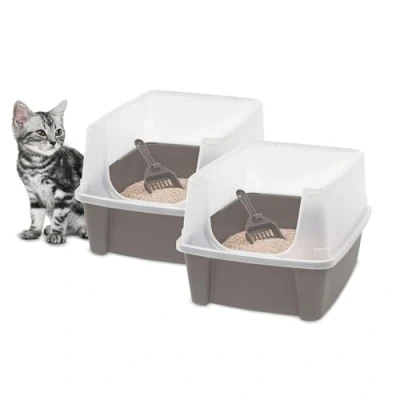 Afbeelding van Iris Ohyama, Dienblad, Kunststof toilet met draagbeugel en schep, L48,5 x D38 H30 cm, Set van 2, Opstaande randen, Voor katten, CLH 12, Taupe