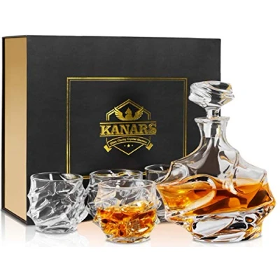 Afbeelding van KANARS Whisky Glazen en Karaf Set, Kristallen Decanter 750 ml met 4 Whiskyglas 320 voor Cognac, Wodka, Whisky, Scotch, Martini, Cocktails, Set van 5 Stuks, Mooie Geschenkdoos