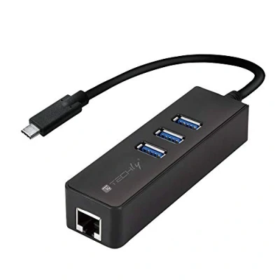 Afbeelding van TECHLY 105810 Adapter USB C™ Ethernet Gigabit met hub 3 poorten A 3.0, zwart