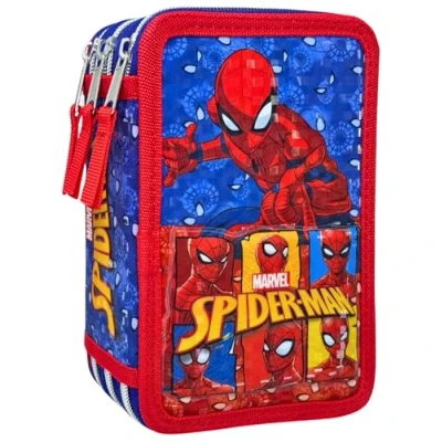 Afbeelding van Clondo Pennenetui 3D 3 vakken voor kinderen, drievoudig gevuld, 44 accessoires de basisschool, ritssluitingen, 20 cm, liniaal, kleurpotloden, viltstiften, spiderman25 a, pennenhouder