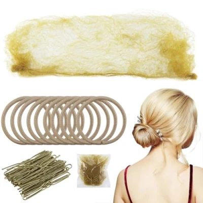 Afbeelding van 32 stuks haarnet Bun blond, onzichtbare haarnetjes, met elastische rand 40 haarspelden en 12 haarbanden, voor knot, vrouwen