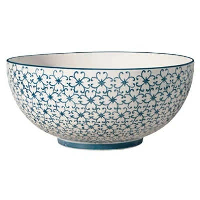 Afbeelding van Bloomingville Serveerschaal Kristina retro kom vintage slakom grote ø 23,5 cm, blauw, keramiek, inhoud ca. 2000 ml