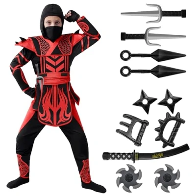 Afbeelding van Spooktacular Creations Rood zwart Halloween Warrior ninja kostuum voor jongens en meisjes, verkleedfeest, rollenspel, themafeesten (medium (8 10 jaar))