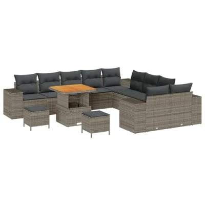 Afbeelding van vidaXL 13 Persoons Tuin Sofa Set met Kussens Grijs Poly Rattan Acacia, 3 Eettafel Acacia