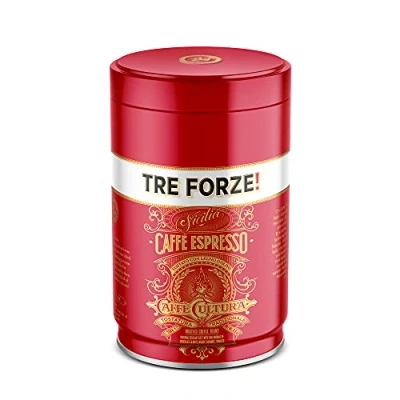 Afbeelding van TRE FORZE! Espresso Caffè 250 g in hoogwaardig blikje, espressobonen, traditioneel roosteren over olijfhoutvuur, handgemaakt, premium koffiebonen voor volautomatische machine en zeefdrager