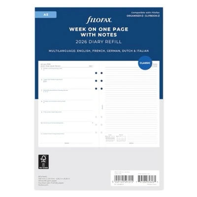 Afbeelding van Filofax A5 week op één pagina met notities 5 taal 2026 dagboek 26 68509