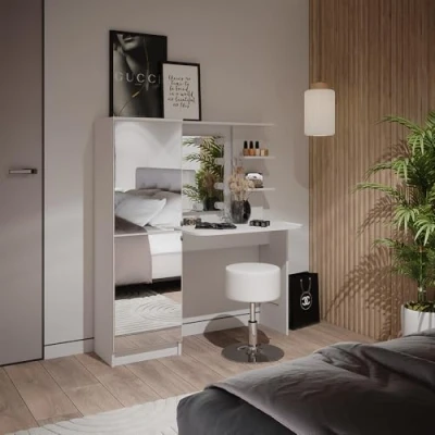 Afbeelding van Vicco Make uptafel set met kruk , Wit, 123 cm LED verlichting en krukje