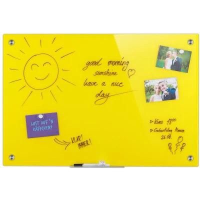 Afbeelding van Relaxdays glassboard 60x90 magnetisch prikbord magneetbord memobord notitiebord geel