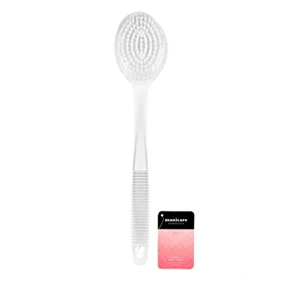 Afbeelding van Manicare Witte plastic badborstel, exfoliërende, lange behandelde spa doucheborstel, antislip handvat, rugwasmachine, goed voor circulatie, cellulitis en droge huid, droog borstelen, rug