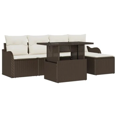 Afbeelding van vidaXL 6 delige Tuin Sofa Set met Kussens Bruin Poly Rattan, 2 Persoons Opslag &amp; Rattan