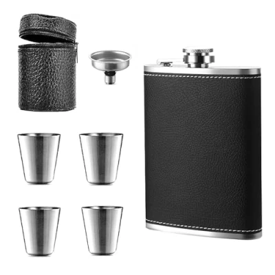 Afbeelding van ZMDMAH 1 x 304 heupfles en trechter, 4 kleine kopjes, 8 oz.227 ml geschikt voor het dragen van alcohol, roestvrij staal (zwart)