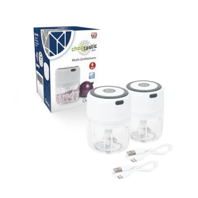 Afbeelding van Genius Choptastic Pro Multifunctionele hakmolen, 2 stuks, 30 watt, inhoud 300 ml, elektrische hakmolen voor fruit, groenten, kaas, noten en babyvoeding, uiensnijder, incl. oplaadkabel
