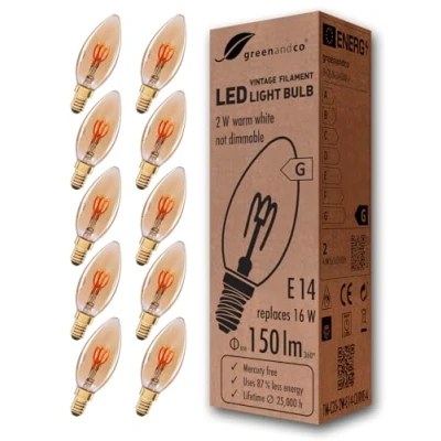 Afbeelding van 10x greenandco® Vintage gloeidraad LED kaars amber E14 C35 2W 150lm 2000K extra warm wit 360 230V flikkervrij, niet dimbar