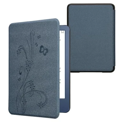 Afbeelding van kwmobile E reader hoesje geschikt voor Amazon Kindle (2022/2024) hoes flip case met magnetische sluiting Ereader cover Stengels en Vlinder design in donkerblauw