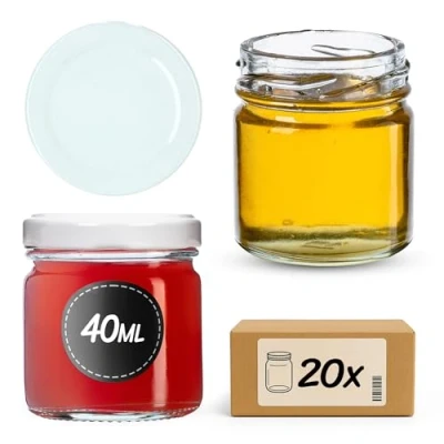Afbeelding van KADAX Weckpotten, 40 ml, mini inmaakpotten, kruidenpotjes met schroefdeksel, inmaakglas, testpotten, jampotten, honingpotten, ronde potten (20 stuks, wit deksel)