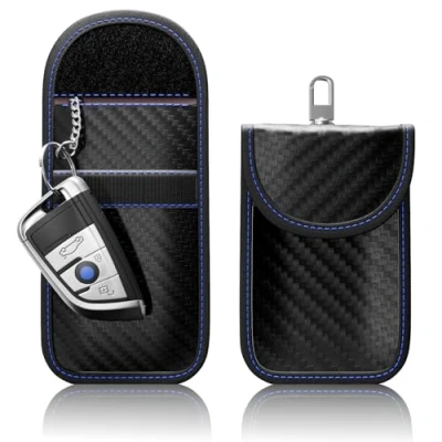 Afbeelding van FOAMO Keyless Go, bescherming voor autosleutels, radiosleutel, RFID afscherming, blocker, sleuteletui, carbon zwart, blauw, 2 stuks