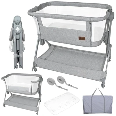 Afbeelding van Twinly Babybed, mini reisbed, draagbaar, eenvoudig inklapbaar, compact, in hoogte verstelbaar 5 posities, geboorte 0+ tot 6 maanden, comfortabele draagtas, matras, mand, zonder montage (grijs)