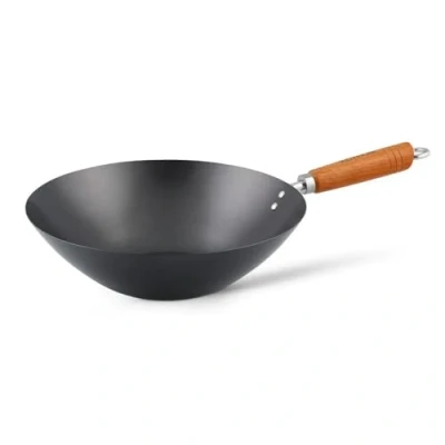 Afbeelding van Ken Hom KH335001 Koolstofstaal Niet Plakken Wok, 35cm, Classic, Inductie/Houten Handvat/Pan Met Platte Bodem, Vaatwasmachinebestendig, 2 Jaar Garantie