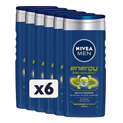 Afbeelding van NIVEA MEN Energy Doucheshampoo, 6 x 250 ml, revitaliserend doucheschuim voor lichaam, gezicht en haar, verfrissend met muntextract