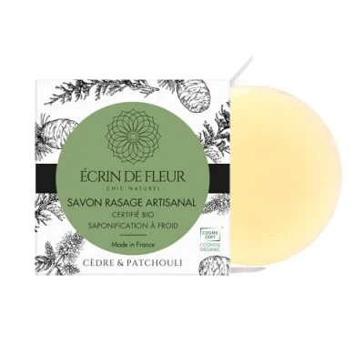 Afbeelding van Écrin de Fleur Handgemaakte biologische scheerzeep voor heren, natuurlijke cederhoutgeur, met hazelnootolie, 1 x 55 g