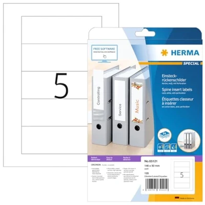 Afbeelding van HERMA 65121 Insteekbordjes voor ordners, geperforeerd, kort breed, 25 vellen, 146 x 50 mm, 5 per A4 125 stuks, bedrukbaar, mat, blanco karton, insteekkaarten, wit