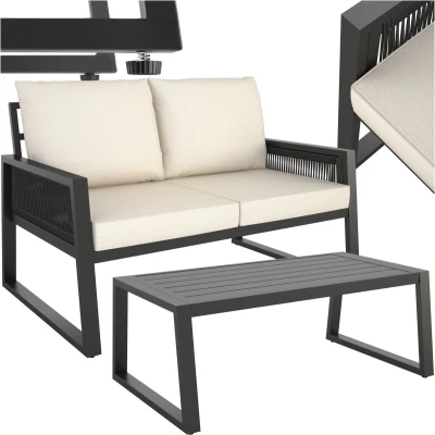 Afbeelding van tectake® Rope Design Loungeset voor Tuin, Terras of Balkon Tuinset met 1 Tuinbank en Tafel in Houtlook Inclusief Weerbestendige Kussens Aluminium Frame Hoogte Verstelbare Voetjes 2 Personen