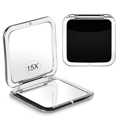 Afbeelding van Compacte 15x vergrotende make upspiegel voor reizen, kleine zakspiegel, handheld, opvouwbaar en draagbaar, 2 zijdig met vergroting 1x spiegel portemonnees vierkant 8,4 x cm (zwart)