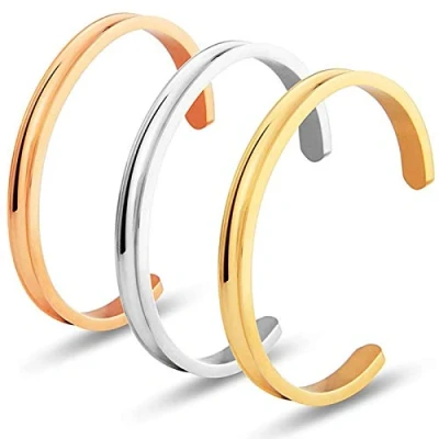 Afbeelding van Roestvrijstalen Armband, LucBuy Verstelbare Haarband Gegroefde Armbanden, Hoog Ggepolijste Manchet Armbanden Sieraden voor Vrouwen Mannen (A4)