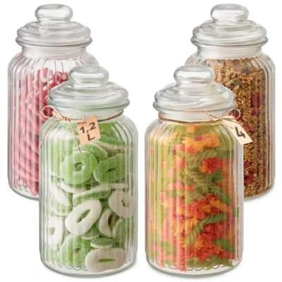 Afbeelding van Snoep Glas Luchtdicht 1,2L 4 Vintage Snoeppotten Groot met Deksels &amp; Etiketten Vaatwasmachinebestendig Voor Koekjes Snoepjes
