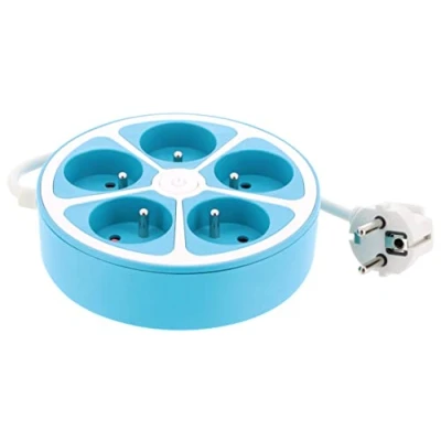 Afbeelding van Blok 5 stopcontacten SMOOTHY rond + schakelaar, kabel 1 m, 3G1, blauw