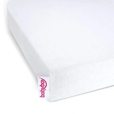 Afbeelding van babybay Jersey hoeslaken Deluxe met membraan geschikt voor de modellen Maxi, Midi, Boxspring, Comfort en Plus, wit, 89 x 50 cm (enkele verpakking)