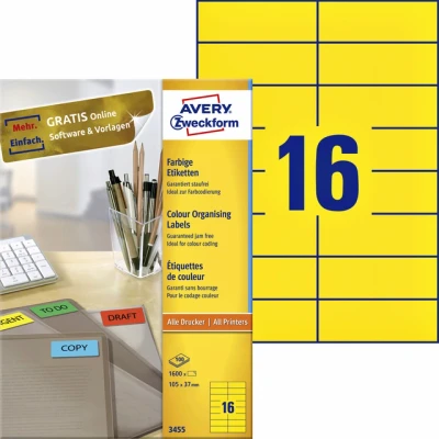 Afbeelding van Etiket Avery Zweckform 3455 105x37mm geel 1600stuks