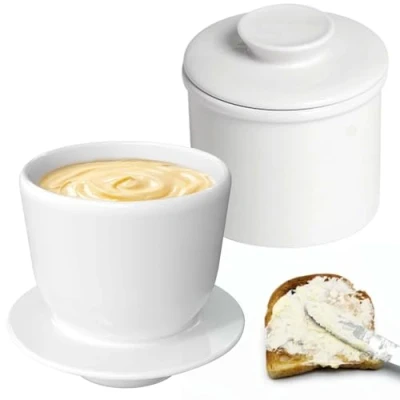 Afbeelding van Franse botervloot, keramische botervloot met rond deksel, watergekoeld waterlijn, boterbel, boterbel voor smeerbare boter, wit