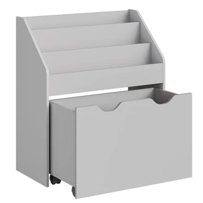 Afbeelding van SONGMICS Kinderboekenplank, kinderplank, speelgoedplank, met 3 planken, opbergdoos op wielen, multifunctioneel, voor kinderkamer, speelkamer, duifgrijs GKR041G10
