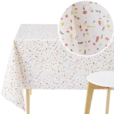 Afbeelding van KP HOME Waterdicht PVC afwasbaar tafelkleed rechthoekig tafelzeil 118 x 55 inch 300 140 cm Terrazzo patroon afveegbaar keuken plastic afvegen in crèmewit
