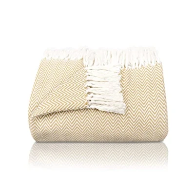 Afbeelding van Gräfenstayn Premium Sprei met Franjes 100% Katoen 180 x 240 cm Visgraatmotief Zomerdeken Katoenen Deken als Beddeken, Bankstel Deken, Bank (Beige)