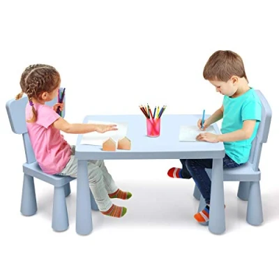 Afbeelding van COSTWAY 3 delig kinderzitgroep, kindertafelgroep, kindertafel met 2 stoelen, kindermeubels van kunststof, kinderplacemat voor kleuterschool en kinderkamer (blauw)
