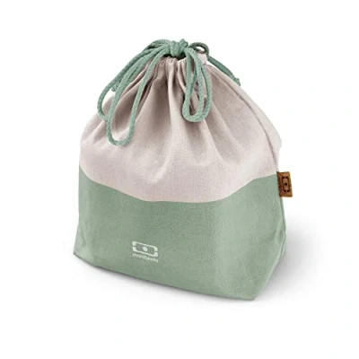 Afbeelding van MONBENTO Lunchtas MB Pochette L Natural Vert Tas voor uw Lunchbox in Polyester en Katoen Ideaal formaat de Bento Box Square + een Fles Groen Crème