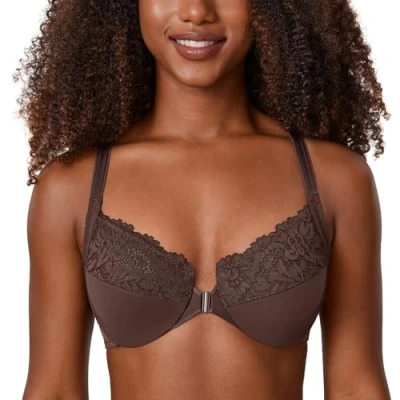 Afbeelding van DELIMIRA Vrouwen Plus Size Volledige Dekking Kanten Beugel Racerback BH met Voorsluiting Hazelnoot 100E