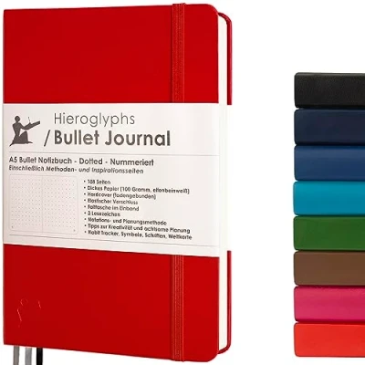 Afbeelding van Bullet Journal Dotted notitieboek A5 met systeem 189 genummerde pagina&#039;s, vouwtas, 3 bladwijzers, sluitrubber 100 g/m² papier van Hieroglyphs (vermiljoenrood)