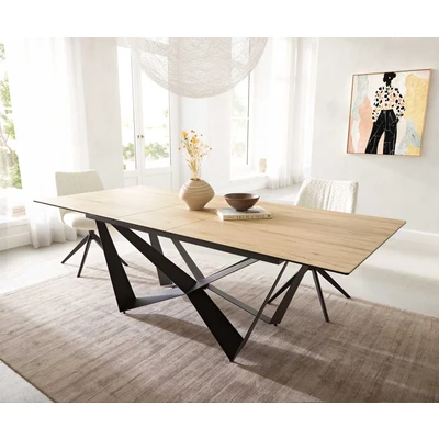 Afbeelding van Eetkamertafel Edge keramiek Laminam® Sabbia eiken kleur 180 220x100 spider vlak staal zwart uitschuifbaar