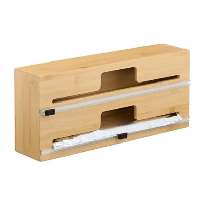 Afbeelding van foliehouder 2 rollen 14,5 x 33,5 8 cm lade bamboe foliesnijder