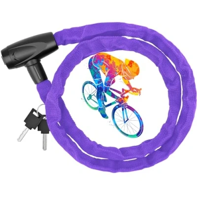 Afbeelding van Fietsslot, ketting, 120 cm, hoog veiligheidsniveau, kettingslot, wordt geleverd met licht diefstalbestendig, remblokslot voor buiten, scooter, motorfiets, grasmaaier, enz. (zwart 2), paars, 4 mm