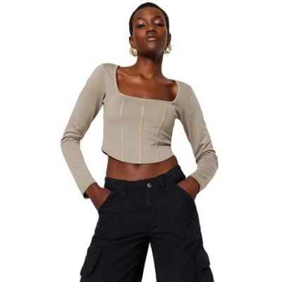 Afbeelding van Trendyol Dames rechte lange mouwen slanke blouse, stone, S
